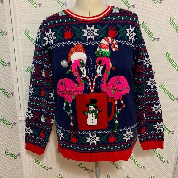 Ugly Christmas Sweater Jolly Knits Flamingo Drink Holder Snowman MENS Womens XL - Picture 1 of 5